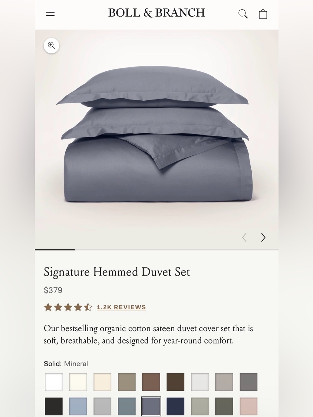 Boll & Branch: Signature Hemmed Duvet Set — Mineral Gray Organic Cotton Sateen
